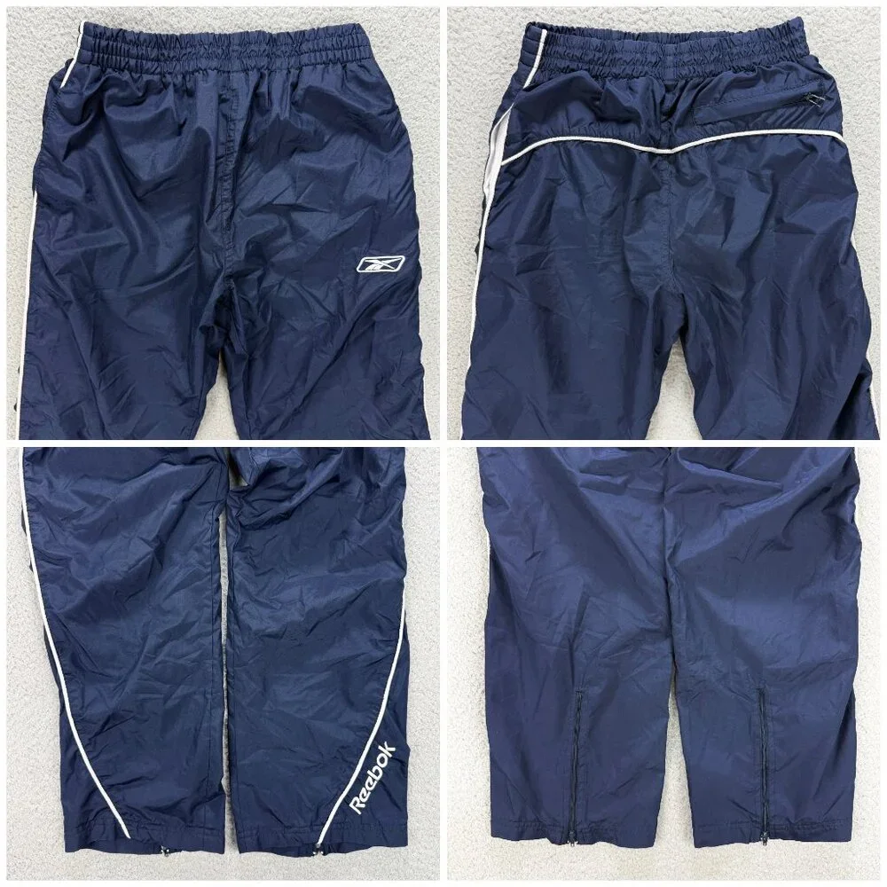 Reebok Track Pants Kids Small S Navy Blue Striped Windbreaker Youth Vintage Y2K
